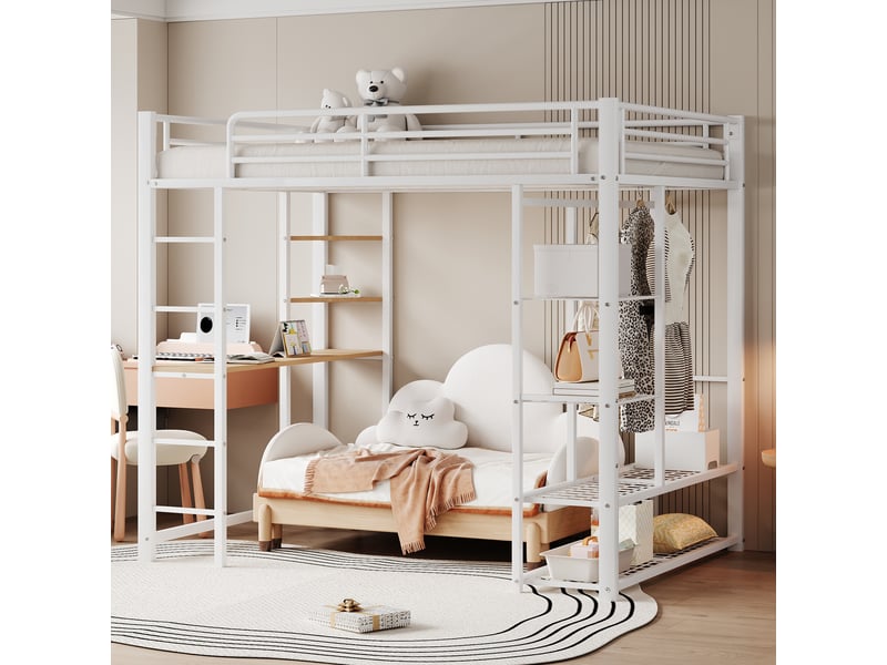  Lit haut en métal 140*200 cm, échelle sécurisée, bureau et rangements inclus, finition blanche pour chambre  - Conforama C