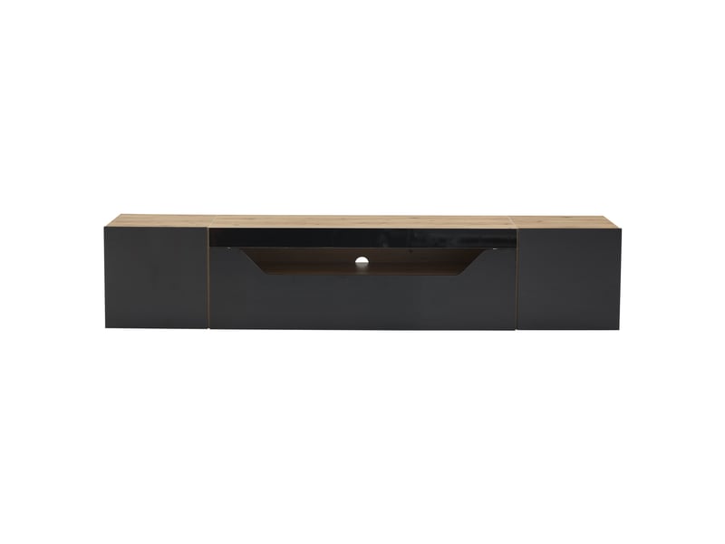 Meuble tv suspendu 180 cm avec led, façade brillante noire et bois naturel, 3 rangements, pour téléviseur jusqu’à 75 pouces - Conforama A