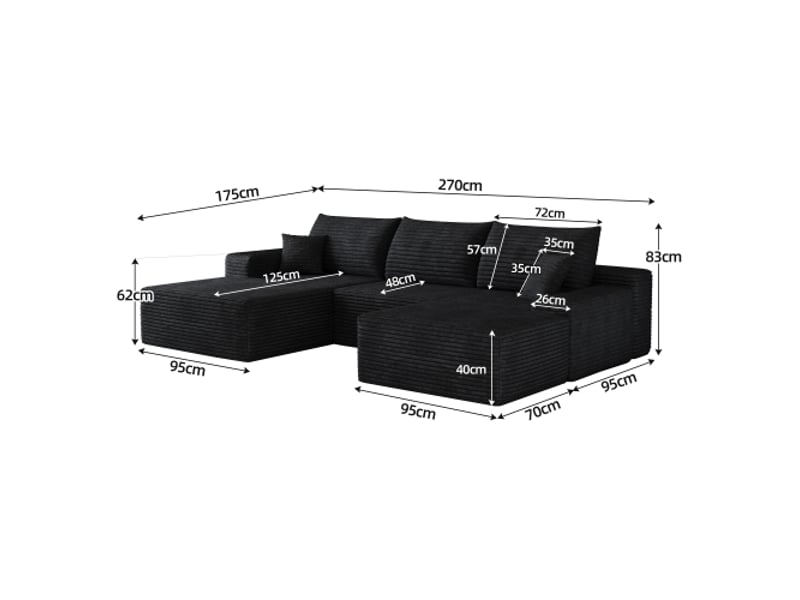  Canapé d'angle modulable noir 270 cm - chaise-longue en l, assise profonde, sans montage, salon et chambre  - Conforama C