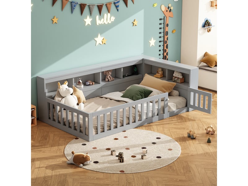  Lit enfant 90x200 cm, canapé-lit,  rangement, prise et usb, sommier, aggloméré, gris, sans matelas  - Conforama W