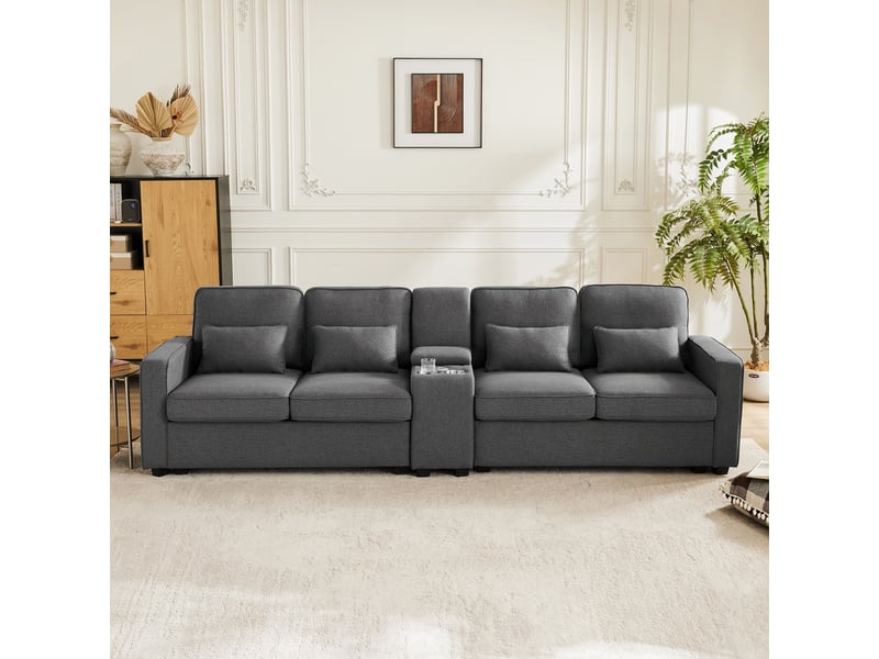 Canapé droit 4 places 290x83x88 cm en tissu effet lin avec console centrale, 2 porte-gobelets, ports usb et 4 coussins - gris - Conforama E