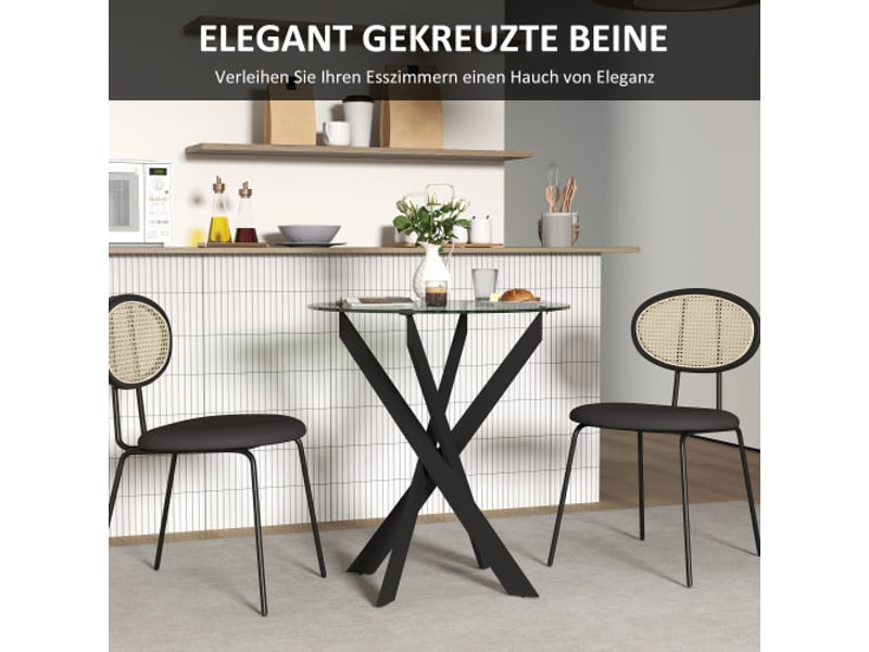 Table à manger ronde 4 places – pieds acier – plateau verre trempé noir et transparent – ø70 x 75 cm – design moderne - Conforama E