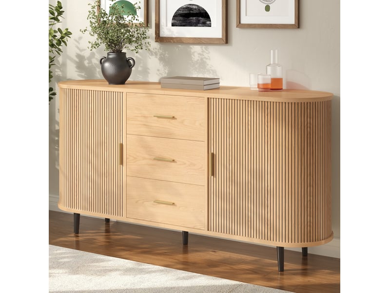 Buffet 160x40x80,5 cm avec 3 tiroirs, portes coulissantes et décor rainuré naturel - Conforama E