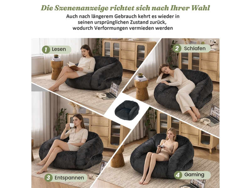  Fauteuil pouf avec dossier enveloppant et garnissage en mousse haute densité pour salon en velours côtelé gris foncé  - Conforama E