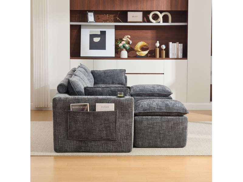  Canapé modulable 4 places modenvie avec 2 poufs, coussins, porte-gobelets, poches latérales, assise en mousse et ressorts, chenille gris foncé 322 x 161 x 75 cm  - Conforama E