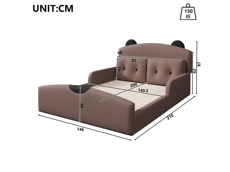  Lit plateforme 140 x 200 cm, tête de lit ours rembourrée, lin, 2 coussins  - Conforama C