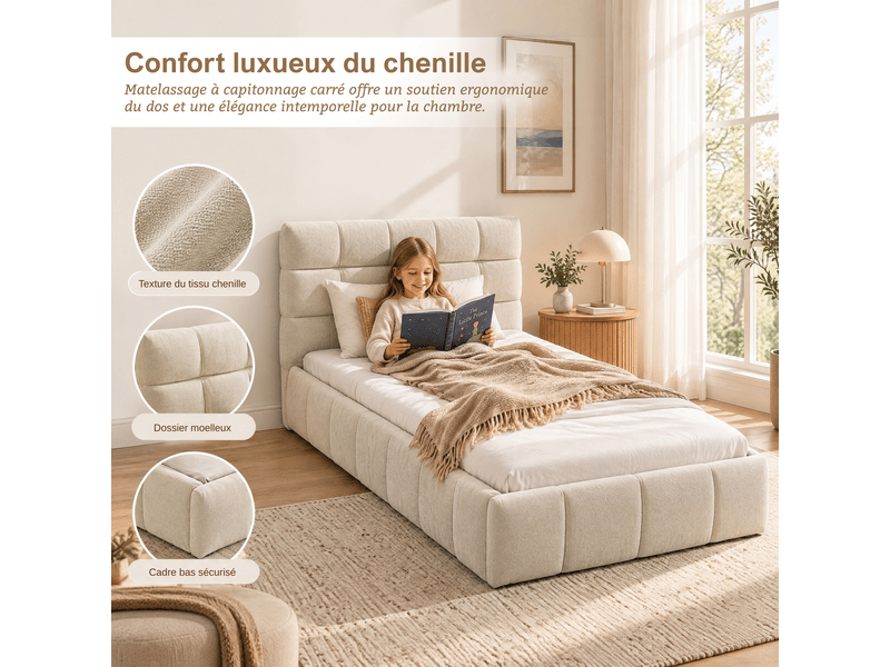 Bubble bed 90x200 cm, lit simple rembourré 90x200 cm - cadre de lit - lit en chenille - sommier à lattes - capacité de charge 200 kg - chenille - beige  - Conforama D