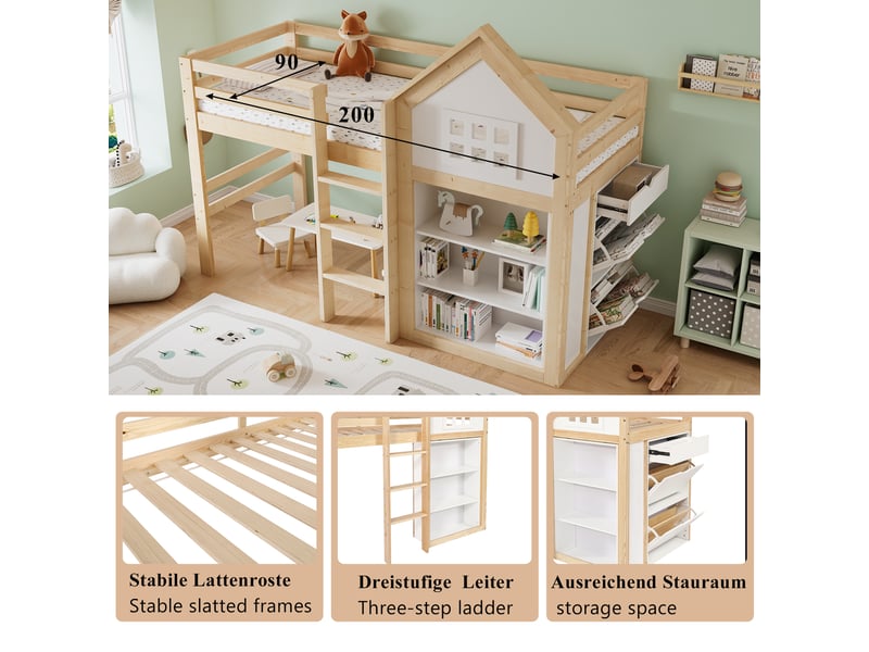 Lit mezzanine enfant simple 90×200 cm, 3 tiroirs et rangements - sans matelas bois blanc et naturel - Conforama E