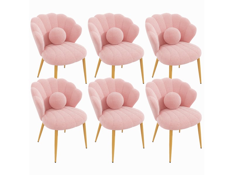 Lot de 6 chaises de salle à manger 60x62,5x83 cm, dossier coquille, pieds dorés, tissu teddy, rose - Conforama A
