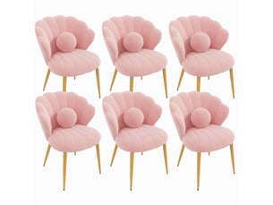 Lot de 6 chaises de salle à manger 60x62,5x83 cm, dossier coquille, pieds dorés, tissu teddy, rose
