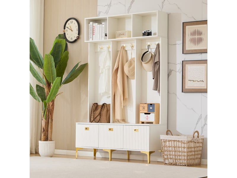  Portemanteau moderne avec banc intégré et 6 patères dorées - meuble d’entrée multifonction avec rangement pratique - blanc - 120x40x191 cm  - Conforama E