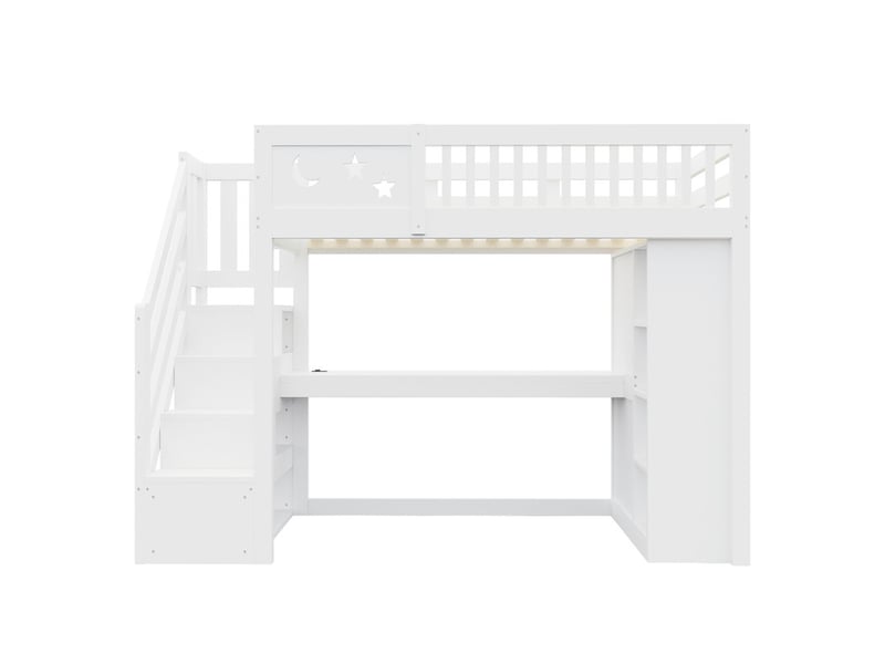 Lit superposé bois 90x200cm, rambarde unique, bureau, led, prise, étagères ouvertes, armoire et échelle avec rangements, blanc - Conforama A