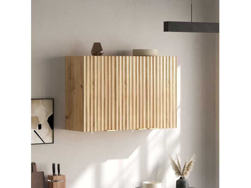  Meuble mural de rangement cuisine 90x29x60 cm, 3 portes fermées, poignées dorées, gain de place, mdf, naturel  - Conforama B