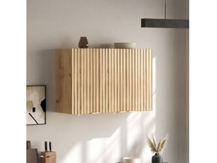 Meuble mural de rangement cuisine 90x29x60 cm, 3 portes fermées, poignées dorées, gain de place, mdf, naturel