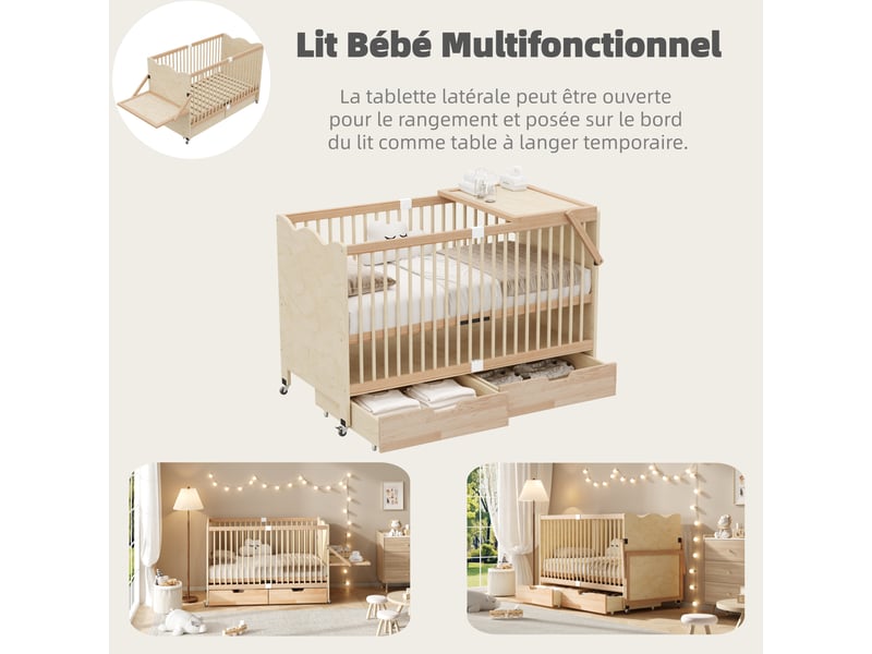  Lit bébé en bois massif 70x140 cm, lit bébé avec tiroirs et table à langer intégrée, pin naturel  - Conforama D