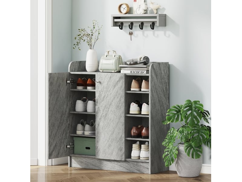  Meuble à chaussures 83x30x90 cm, 2 portes et 4 compartiments ouverts, panneau de particules et mdf, gris  - Conforama B