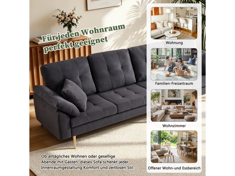  Canapé droit 4 places avec pouf modulable  - pieds en fer 20 cm velours côtelé gris foncé 250 × 70 × 87 cm  - Conforama E