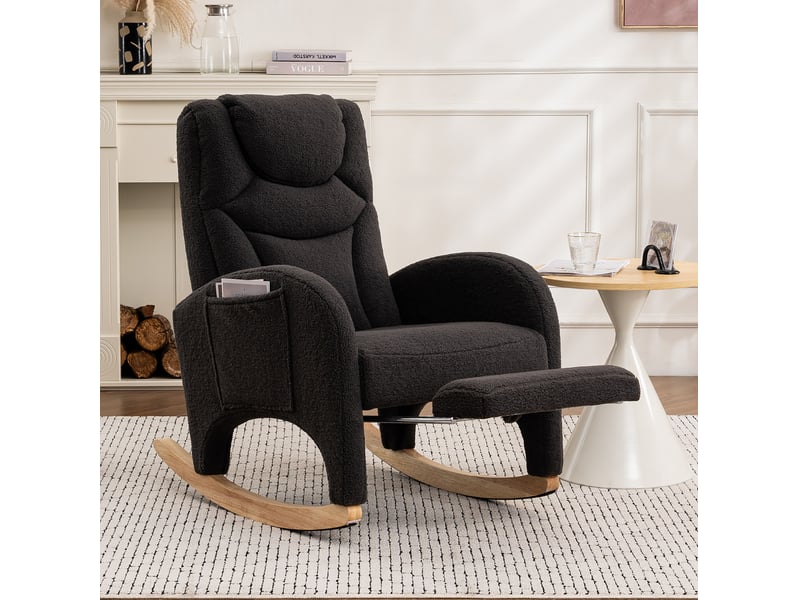  Fauteuil à bascule relax avec repose-pieds pliable, appui-tête et dossier ergonomique en tissu teddy gris foncé  - Conforama C