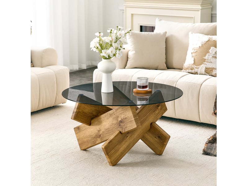  Table basse ronde en verre trempé 79 cm – bois – design moderne avec socle géométrique  - Conforama B