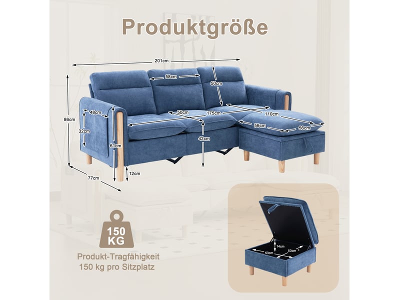  Canapé droit 3 pl 201x77x86 cm poches latérales et pieds en bois, coffre intégré, tissu chenille bleu, pour le salon  - Conforama C