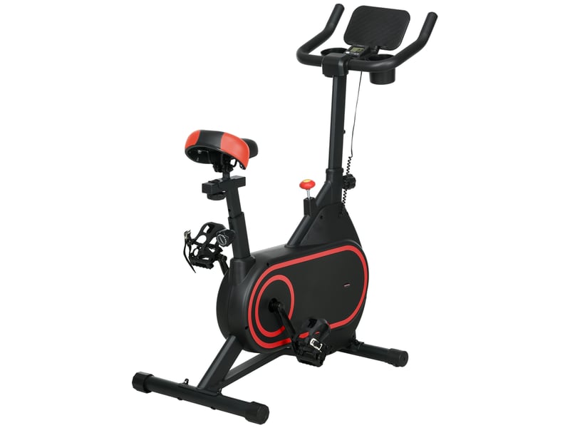 Vélo d'appartement avec volant d'inertie de 4 kg, résistance réglable, écran led, silencieux, selle réglable, rouge et noir - Conforama B