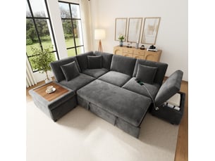 Canapé d'angle convertible modulable 6 places avec rangement, ports usbtype-c, en chenille gris