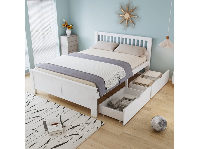  Lit double en pin blanc 140x200 cm, sommier stable, deux tiroirs à roulettes et style épuré  - Conforama C