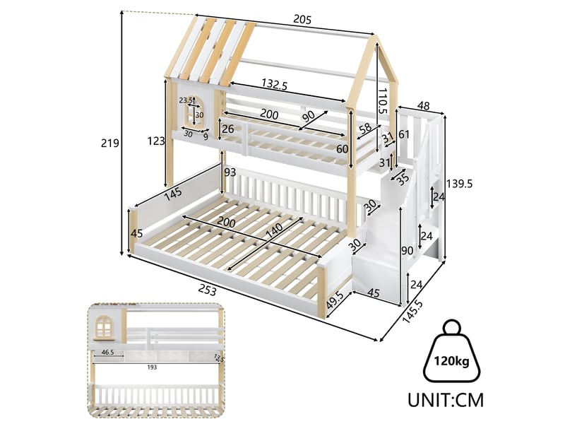  Lit superposé 90 × 200 et 140 × 200 cm, cabane, led, escalier à rangements, étagères, barrières, blanc et bois naturel  - Conforama C