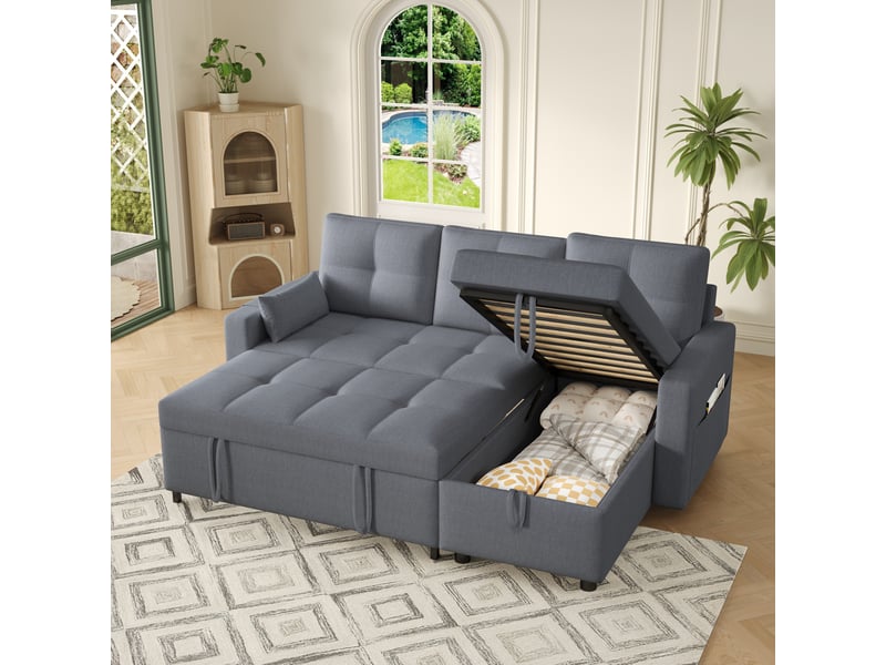 Canapé d'angle en forme de l convertible, doté d'un espace de rangement intégré et d'un porte-gobelet rabattable ; adapté aux salons et aux espaces similaires-gris  - Conforama R