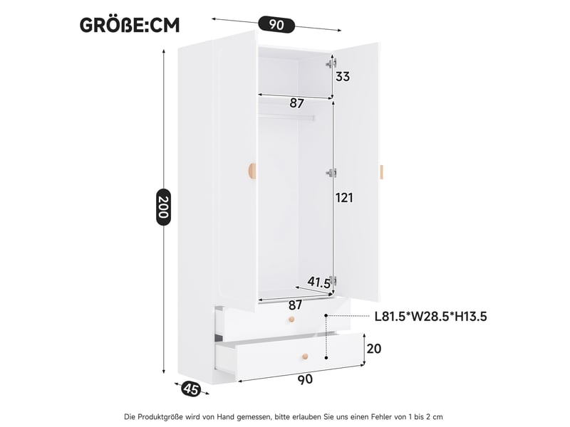  Armoire 2 portes avec 2 tiroirs, penderie et étagère pour chambre en mdf, bois et acier blanc 90 × 45 × 200 cm  - Conforama C