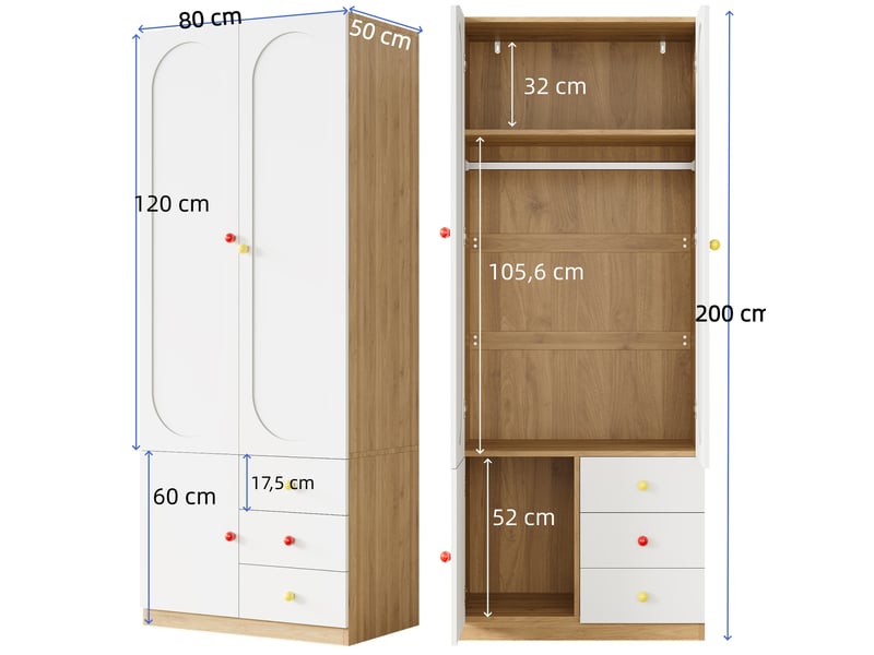  Armoire 2 pièces avec 4 portes, 6 tiroirs et tringles, poignées en céramique, pour chambre d'enfant, blanc 160 × 50 × 200 cm  - Conforama C