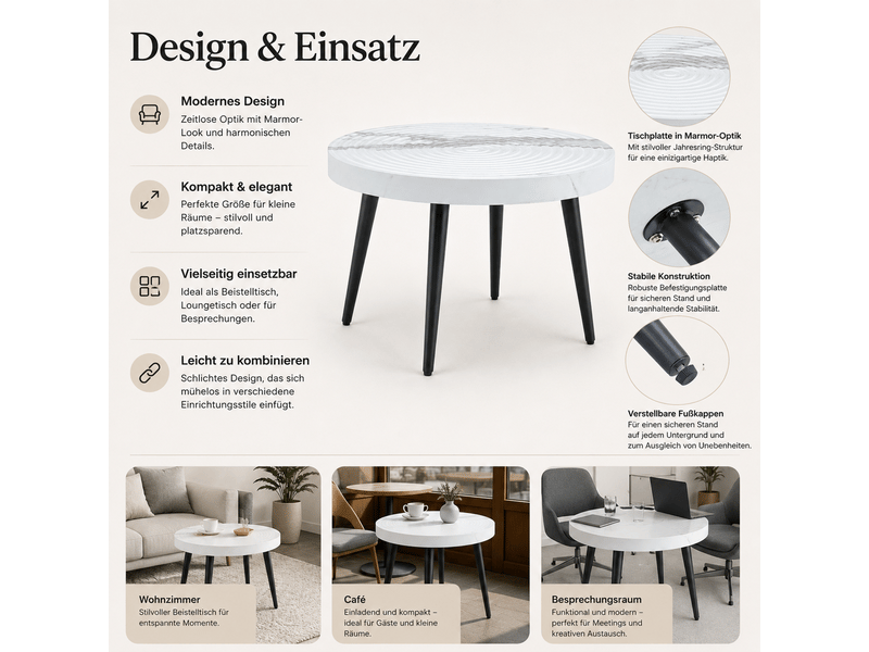  Table basse ronde effet marbre rainures à anneaux annuels pieds métalliques réglables usage polyvalent table stable  - Conforama E