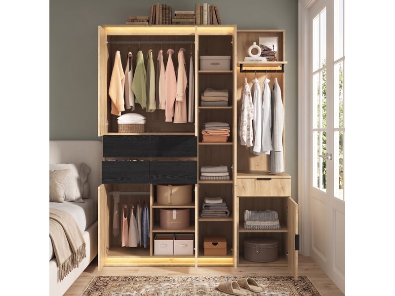 Armoire d'entrée avec miroir, 5 tiroirs, 3 penderies et éclairage led en mdf chêne anthracite 155 × 47 × 200 cm - Conforama B