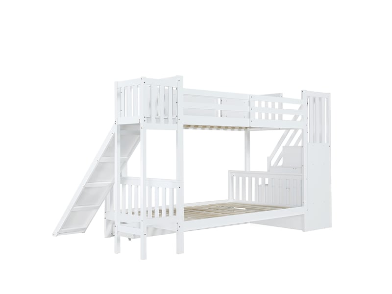 Lit superposé pour enfant avec fenêtre, toboggan, tiroirs à roulettes, escalier avec rampe et 4 casiers intégrés, design polyvalent, grand espace de rangement, pin et mdf, blanc, 90 x 200 cm - Conforama E