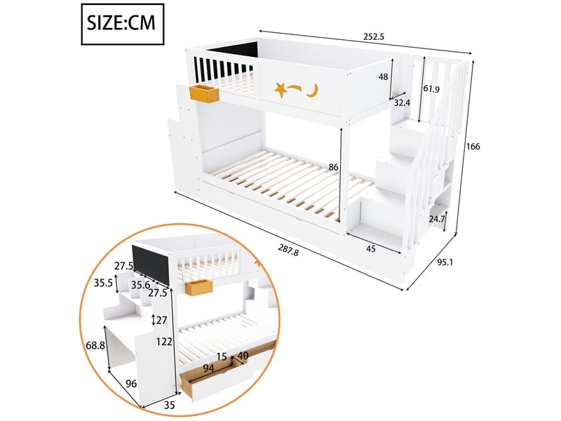 Lit superposé 90x200cm avec bureau et tiroirs - lit double - escalier de rangement, bois blanc massif - Conforama C