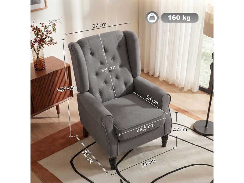  Fauteuil de salon, fauteuil d'appoint mi-siècle moderne en velours avec dossier haut capitonné à oreilles, gris  - Conforama C