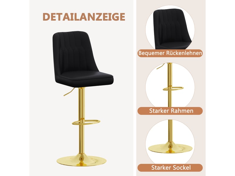 Lot de 2 tabourets de bar réglable en hauteur, cuir pu noir capitonné et pieds en métal doré - Conforama D