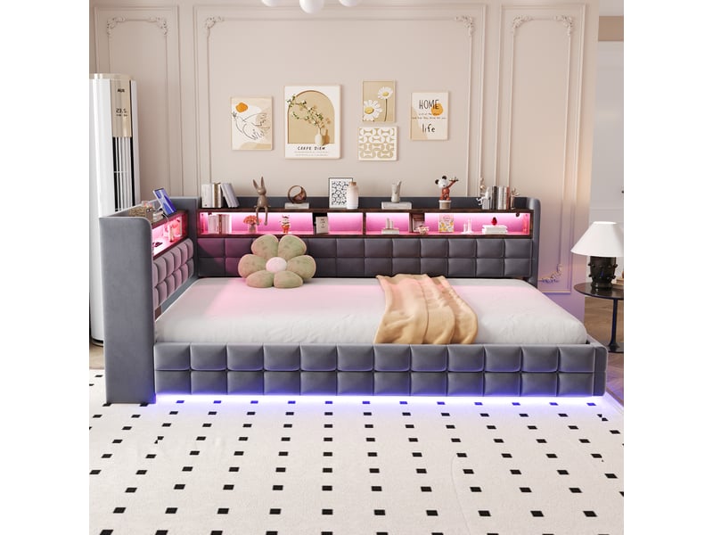  Lit banquette enfant coffre 90 x 200 cm avec led, usb, usb-c, prise et étagères, velours gris foncé Fay Lum - Conforama D