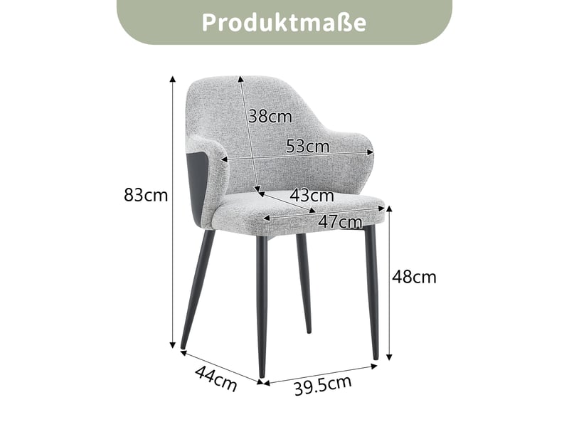  Lot de 2 chaises de salle à manger à dossier enveloppant  - pieds métal croisés, tissu et simili cuir noir gris  - Conforama D
