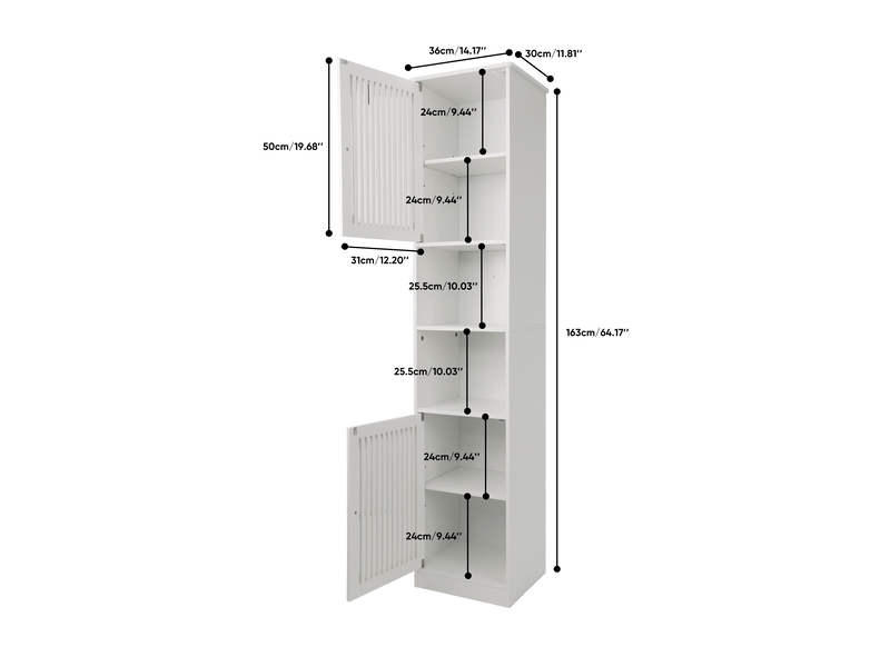 Armoire de salle de bain avec 2 portes persiennes, 2 niches et étagères réglables, blanche, 36 × 30 × 163 cm - Conforama C