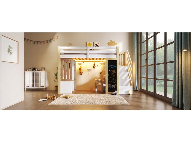 Lit mezzanine 1 place 90×200 cm avec bureau, rangements et led - okmyhome- blanc naturel, sans matelas - Conforama E
