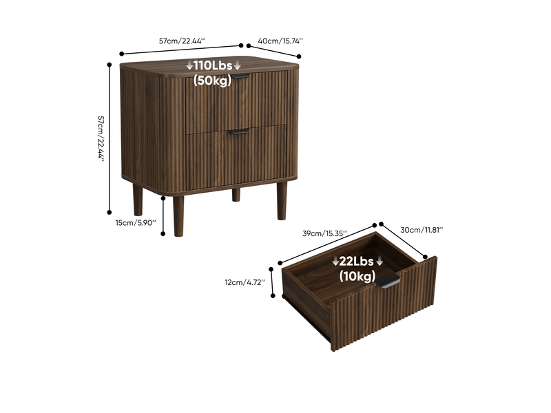  Table de nuit 57 x 40 x 57 cm noyer foncé en mdf, 2 tiroirs rainurés pour rangement de chambre  - Conforama C