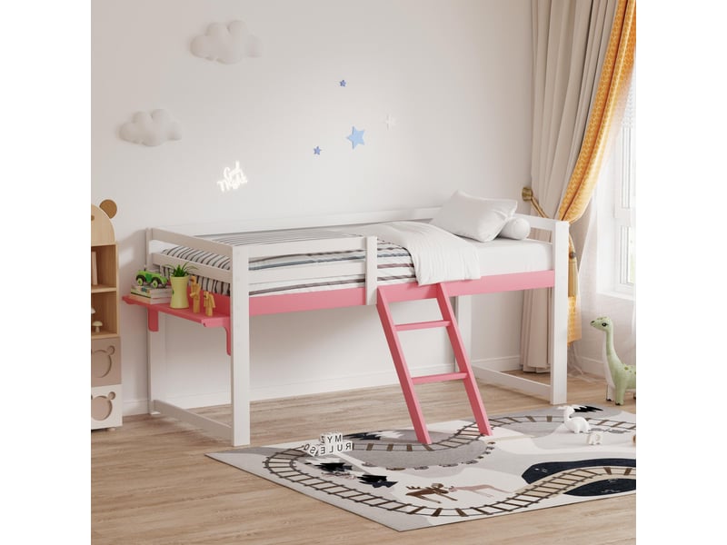  Lit mezzanine 90x200cm - lit enfant en pin massif avec échelle, barrière de sécurité &amp; étagère - rose  - Conforama D