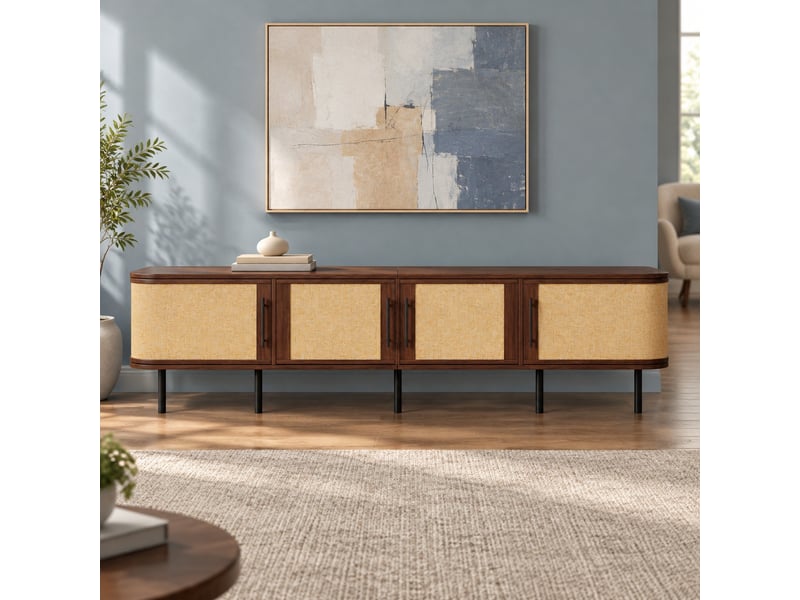  Meuble tv 4 portes à façade aspect tressé, coloris noyer, 180 x 40 x 45 cm  - Conforama B