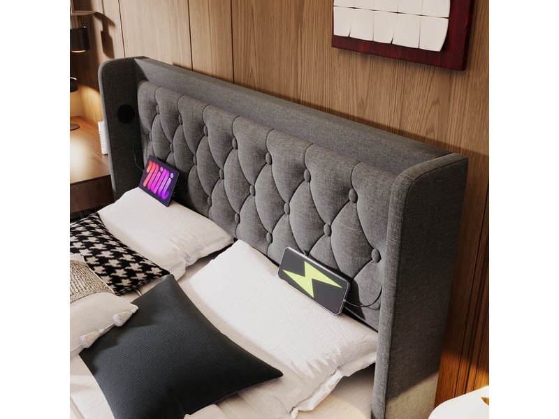  Lit 160x200 cm avec coffre, éclairage led, tête capitonnée et ports usb intégrés  - Conforama E