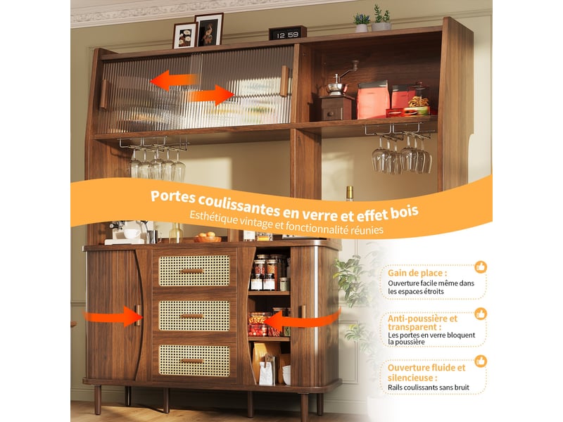 Buffet de cuisine haut 140 x 40,5 x 174,5 cm bois foncé, façade effet rotin, portes vitrées coulissantes, 3 tiroirs et porte-verres  - Conforama E