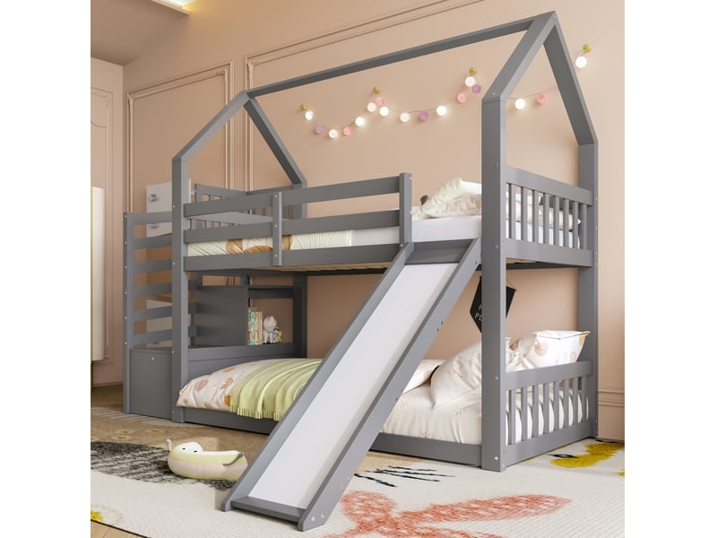  Modenvie lit mezzanine enfant cabane 90x200 cm - avec rangement et toboggan, sans matelas - gris  - Conforama B