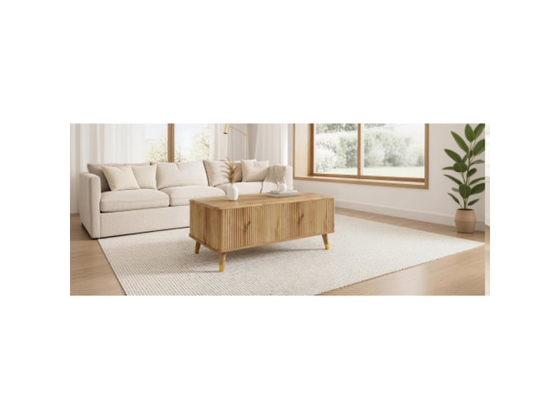  Table basse moderne rétro – plateau réglable, motif ondulé, look bois, pieds bois, grand rangement, table multifonction  - Conforama D