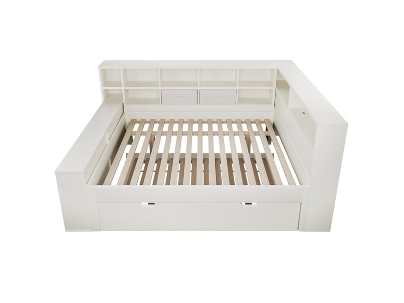  Lit coffre 140x200 cm, lit enfant, coffre de rangement, couchage gigogne extensible, usb et usb-c, bois de pin blanc  - Conforama B