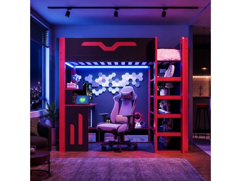 Lit mezzanine enfant 90×200 cm bureau, led et rangements - sans matelas, bois dérivé - noir et rouge - Conforama C
